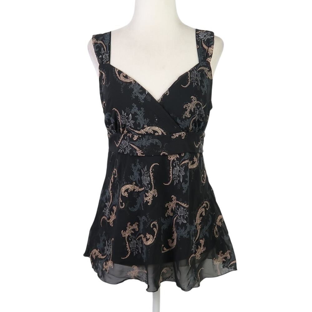 Vintage 90s AB Studio black and tan floral vine print babydoll top M